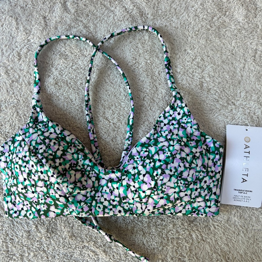 Athleta Green White Lilac Floral Bikini Top